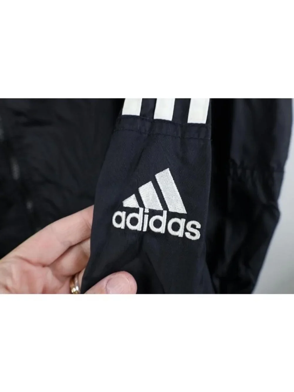 Vtg 90s Adidas Mens Medium Spell Out Hooded Full Zip Windbreaker Jacket Black